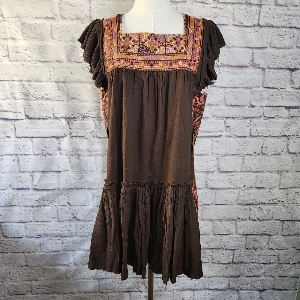 FREE PEOPLE Day Glow Mini Dress Brown Sz Small OB921658 Embroidered Peasant Boho